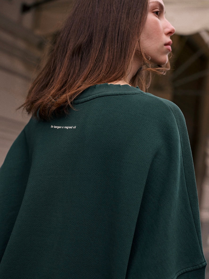 Liv Bergen Distressed Sweatshirt in Bottle Green