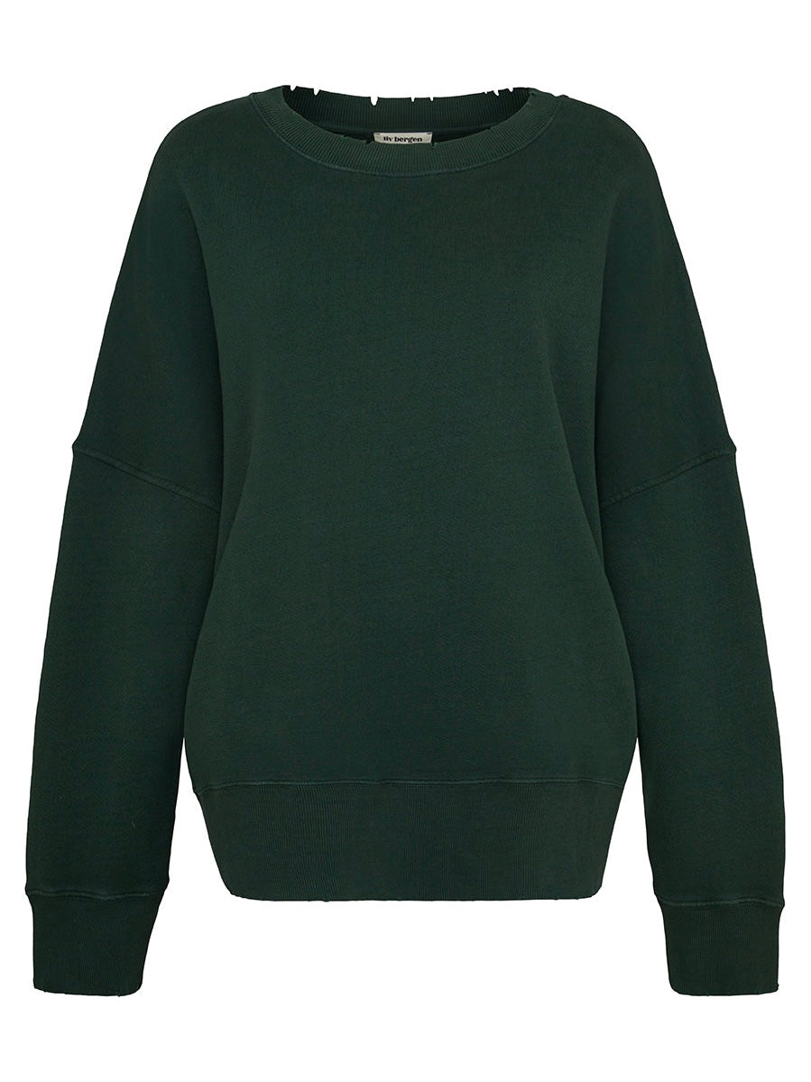 Liv Bergen Distressed Sweatshirt in Bottle Green
