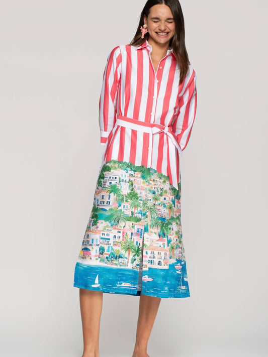 Vilagallo Striped Shirt Dress with Coastal Scene