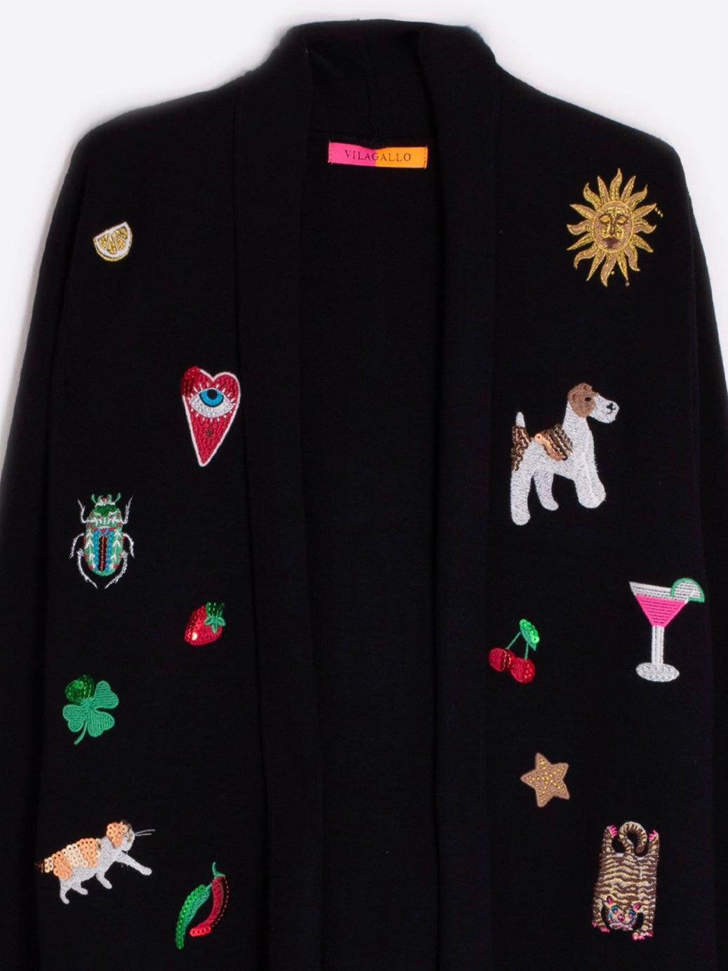 Vilagallo Long Cardigan with Fringes-Black