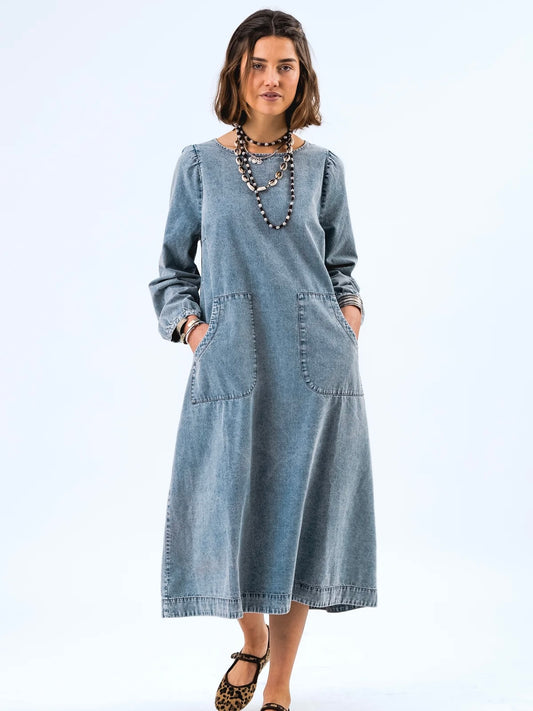 Lollys Laundry Lucas Midi Dress-Washed Denim