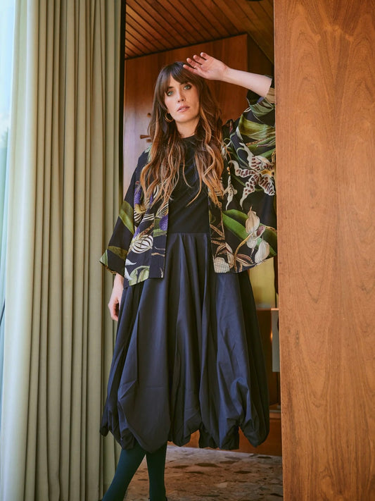 One Hundred Stars Orchid Black Crepe Kimono