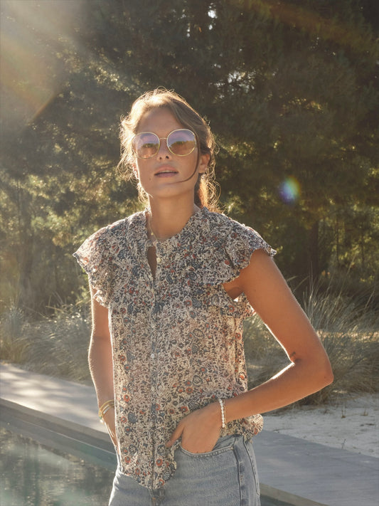 M.A.B.E. Cass Print Frill Top-Indigo