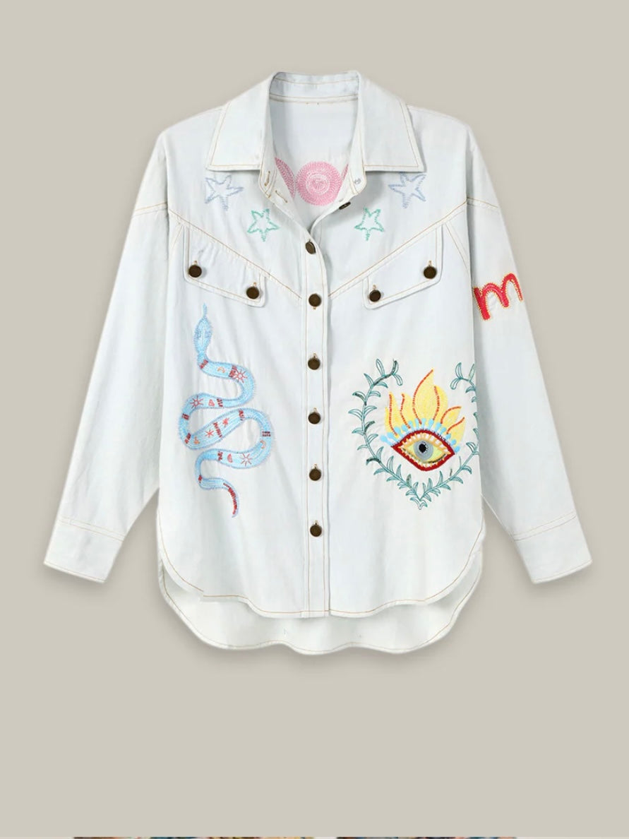 Me369 Adelyn Embroidered Denim Shirt
