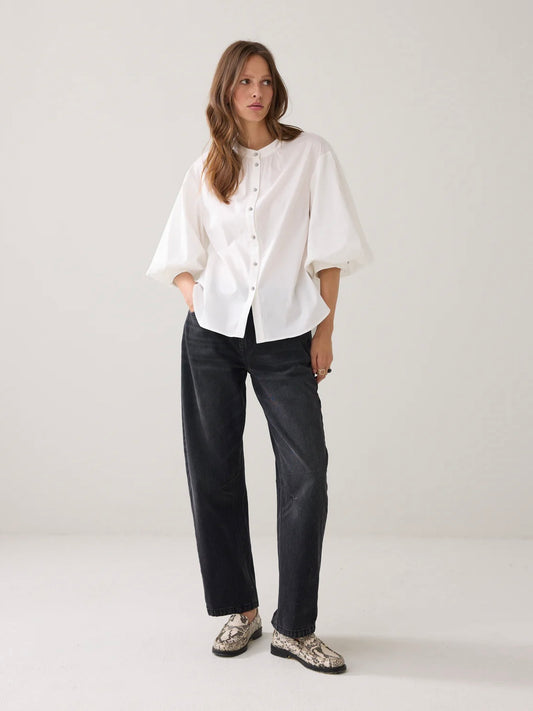 Summum White Cotton Blouse with Diamond Buttons