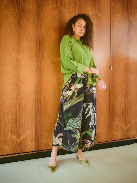 One Hundred Stars Orchid Black Crepe Palazzo Pants