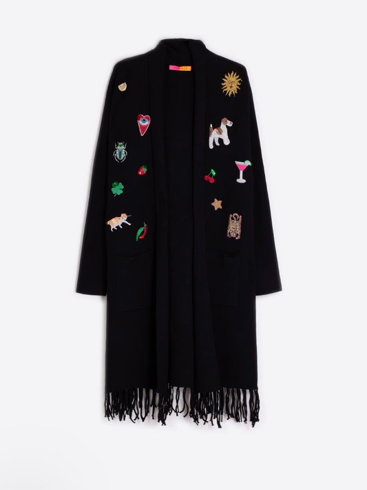 Vilagallo Long Cardigan with Fringes-Black