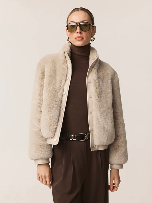 Issy London Jolie Neutral Faux Fur Bomber Jacket