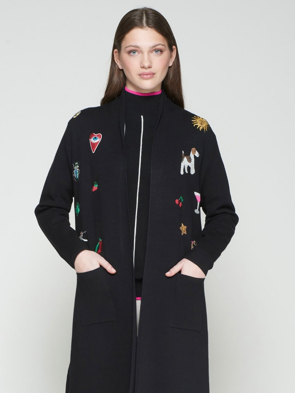 Vilagallo Long Cardigan with Fringes-Black