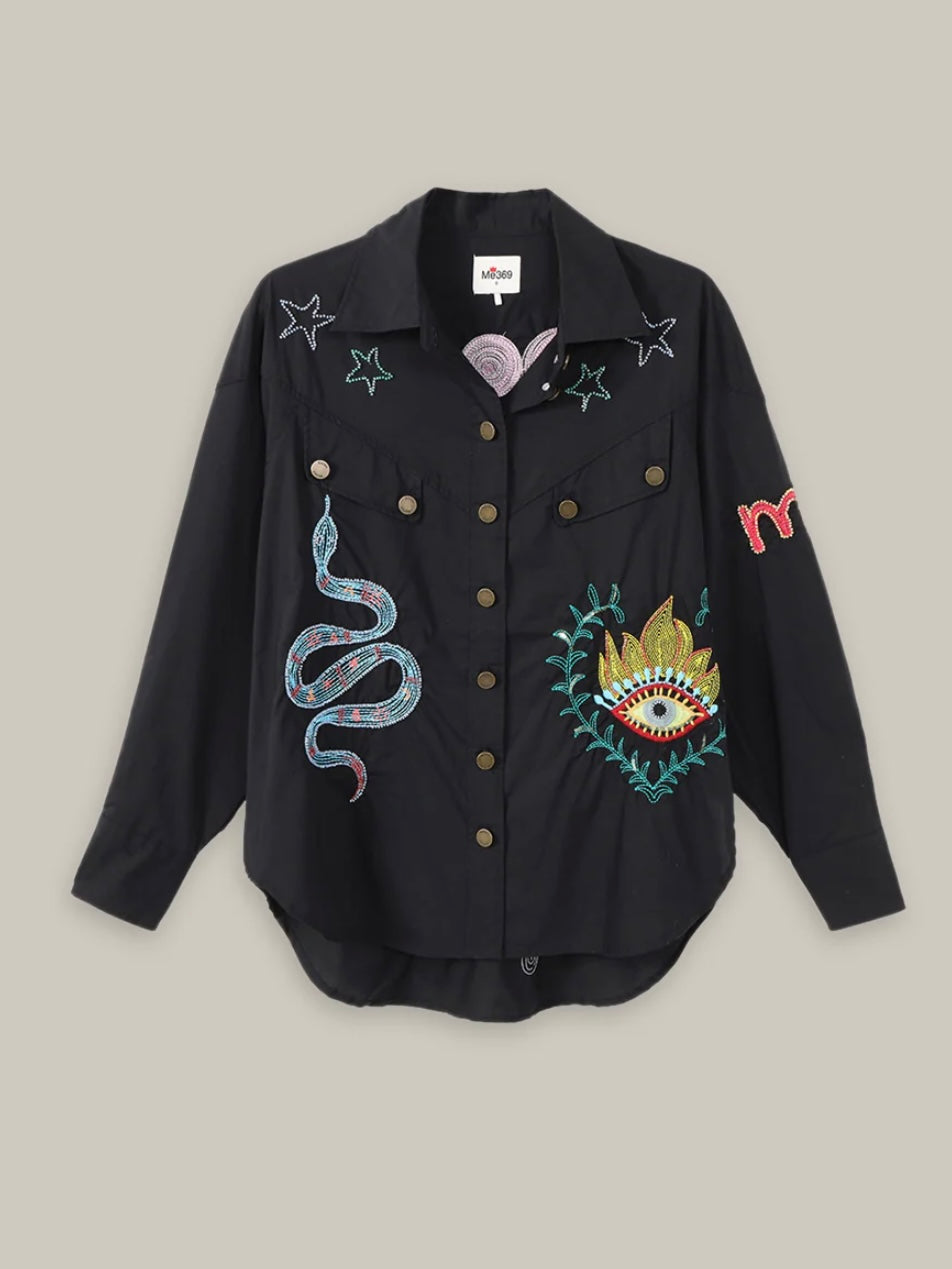 Me369 Adelyn Embroidered Black Shirt