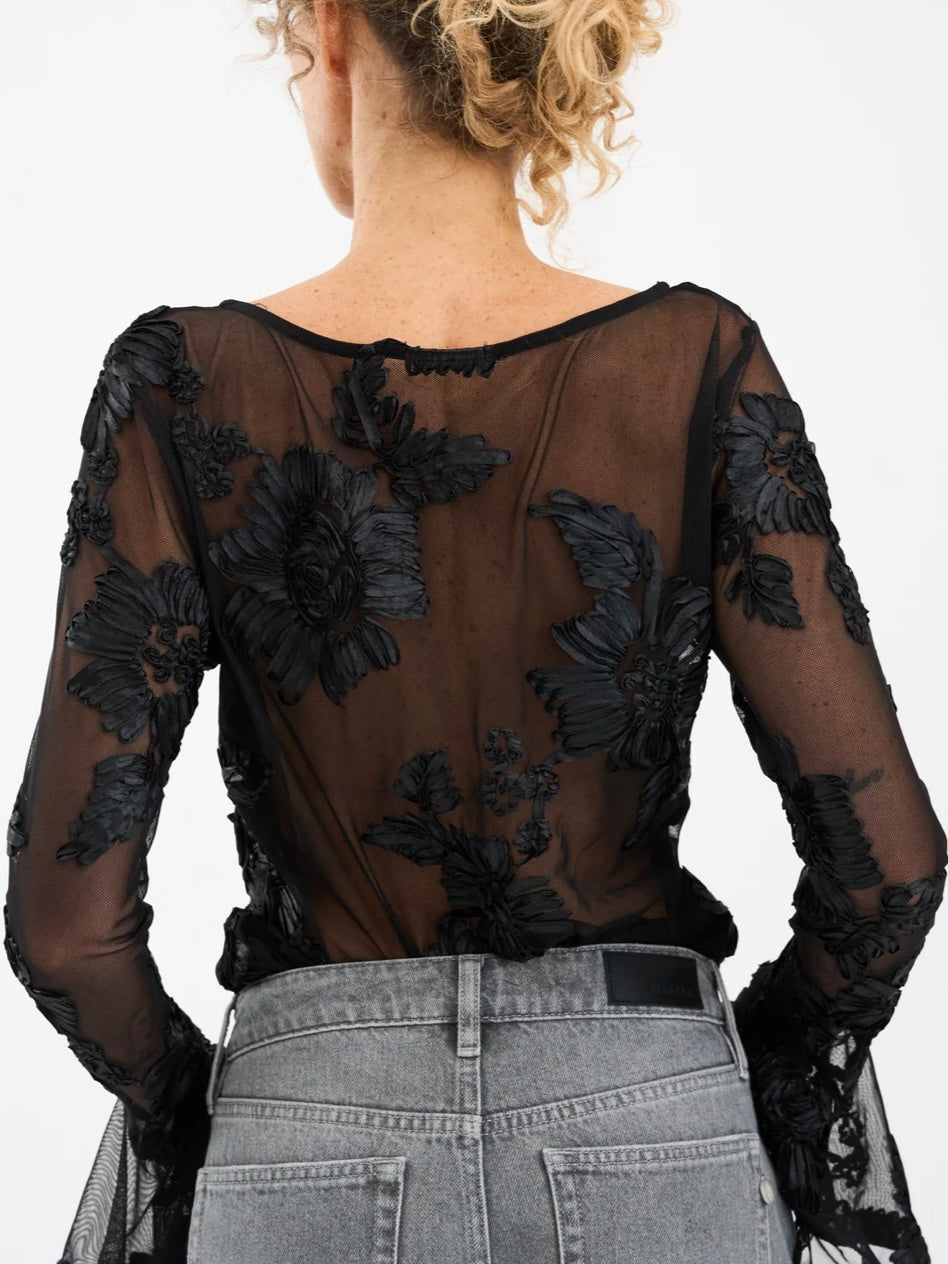 Pieszak Melia Flounce Sleeve Mesh Blouse-Black