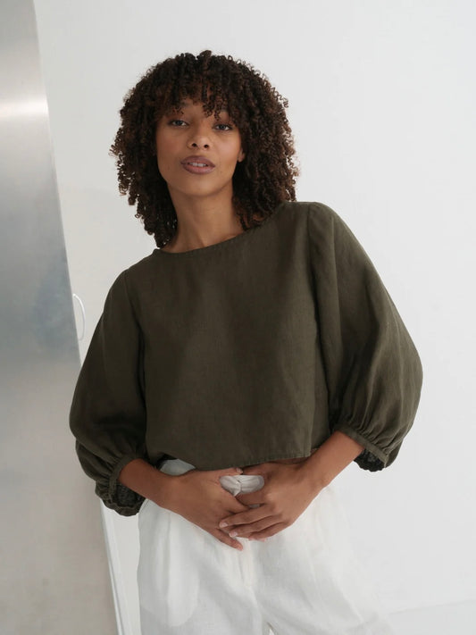 Lilly Pilly Demi Linen Top-Khaki