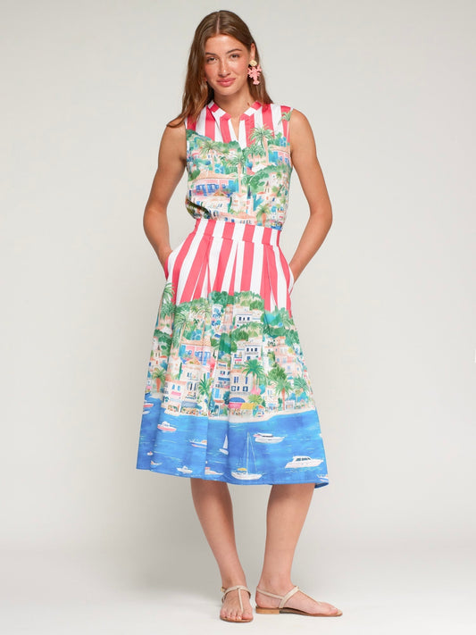 Vilagallo Red Striped Skirt with Coastal Print