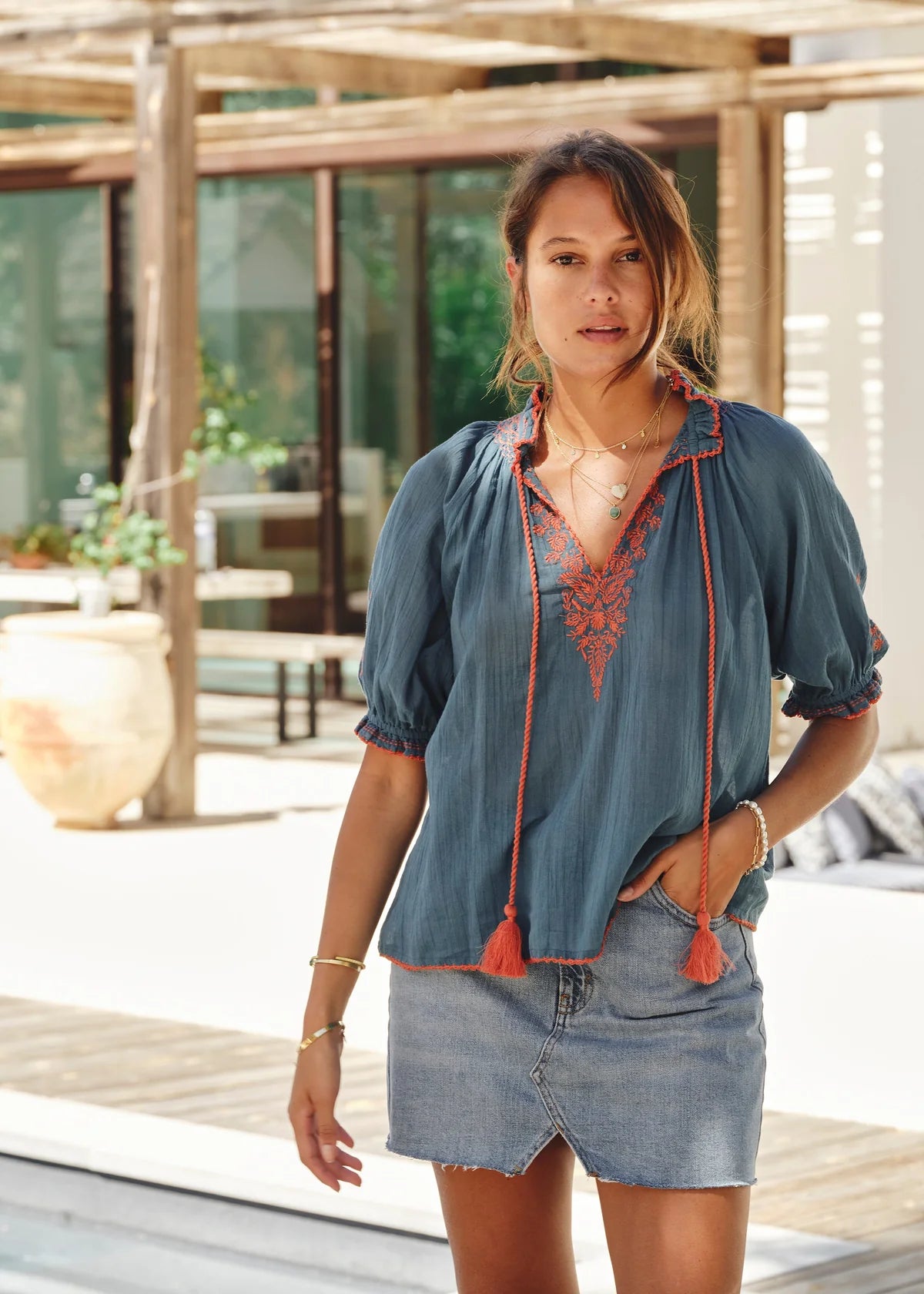 M.A.B.E Talia Embroidered Top-Blue/Orange