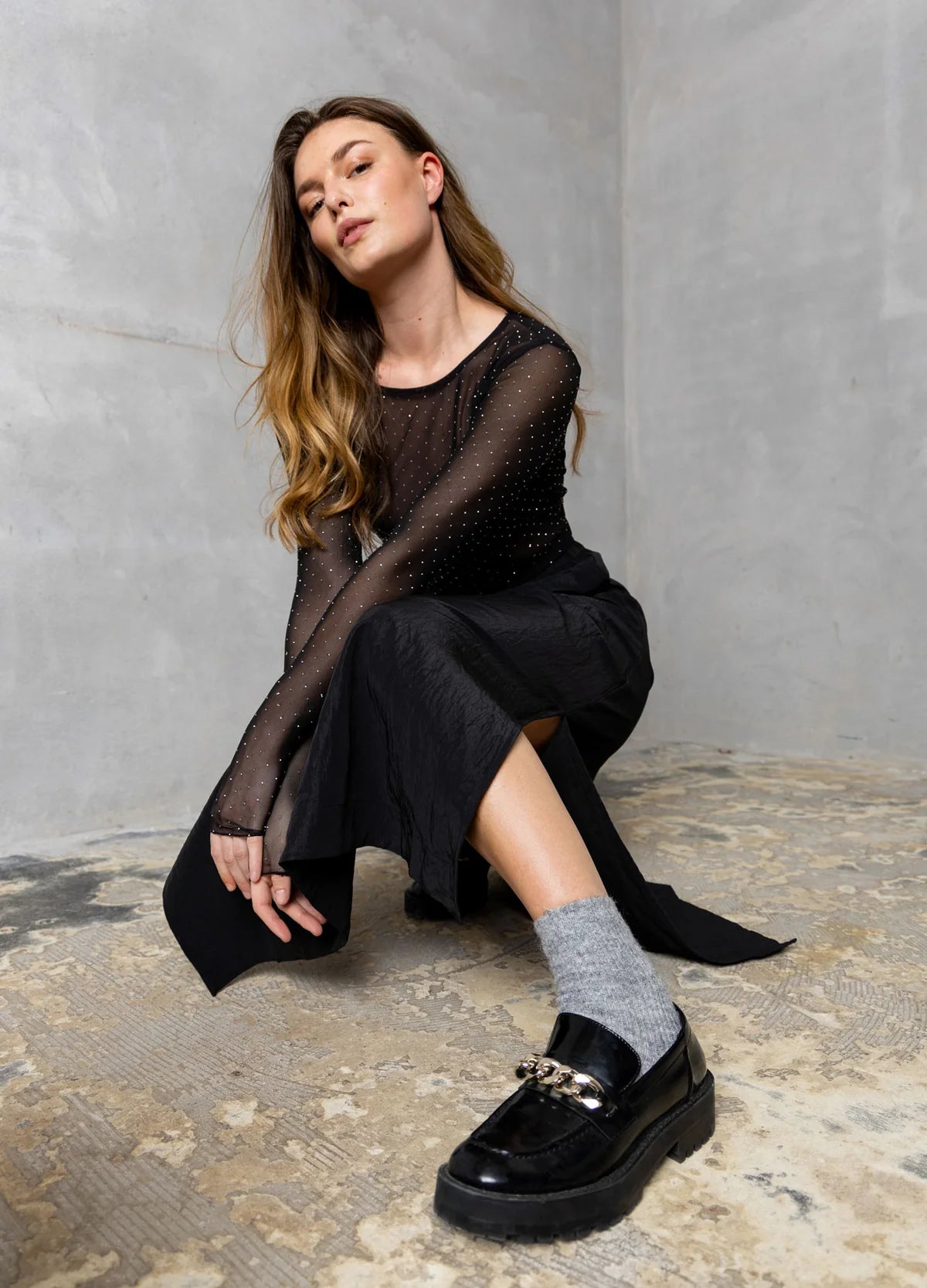 CC Heart Eve Mesh Blouse -Black Simili