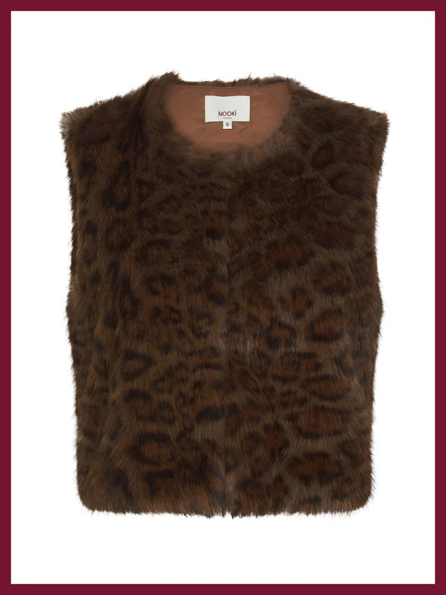 Nooki Edelweiss Faux Fur Gilet-Chocolate Leo
