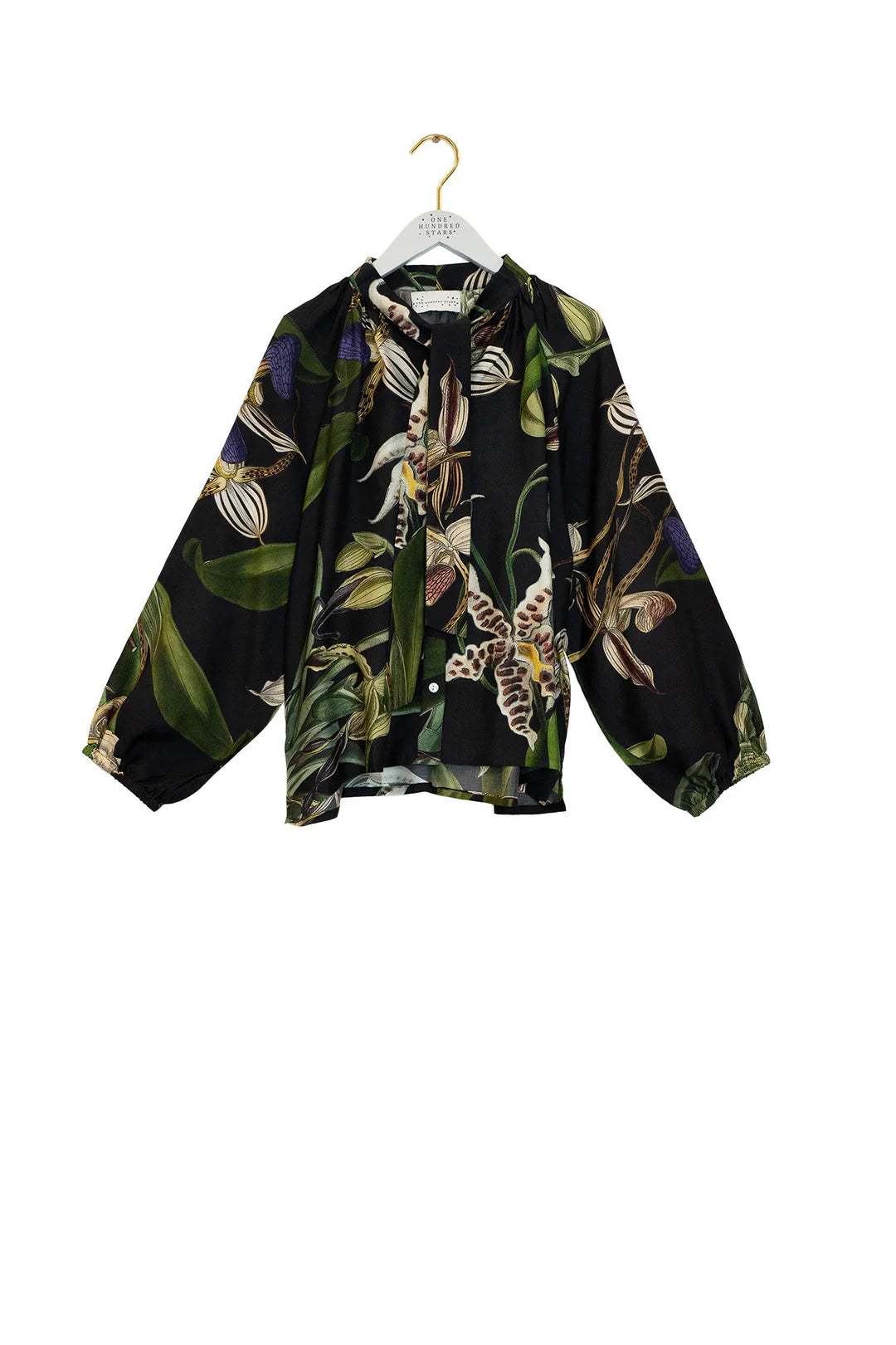 One Hundred Stars Orchid Black Pussy Bow Blouse