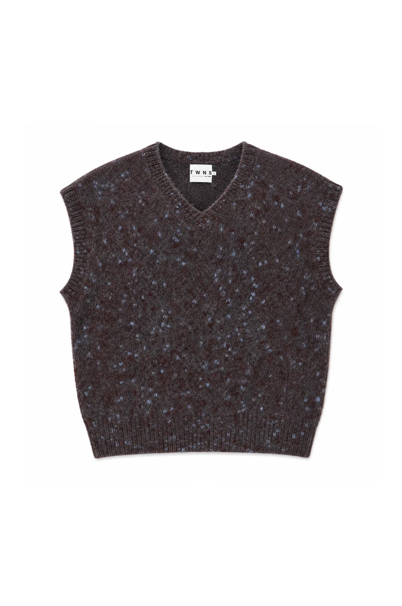 TWNS Madelina Fluffy V Neck Sleeveless Sweater-Burgundy/Blue