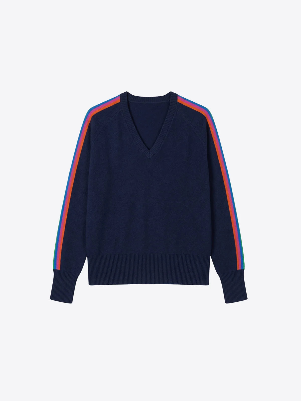 Vilagallo Navy V neck Sweater Striped Sleeves