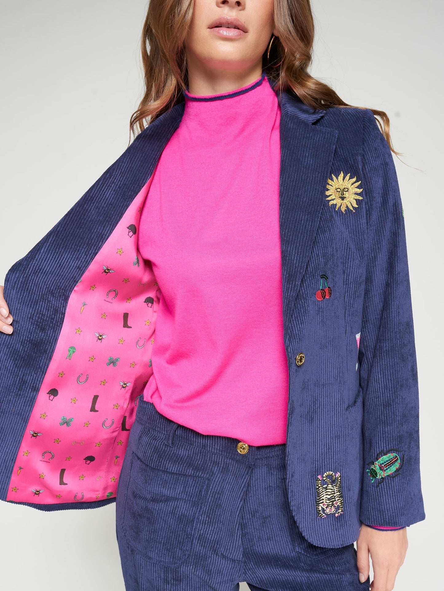 Vilagallo Navy Corduroy Embroidered Blazer