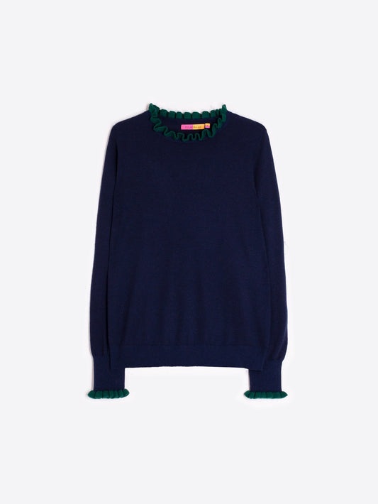 Vilagallo Navy lightweight knit with Ruffle Collar