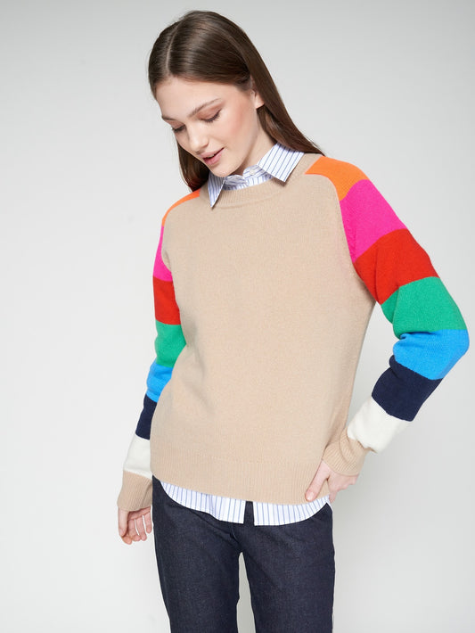Vilagallo camel wool sweater with multicolour sleeves