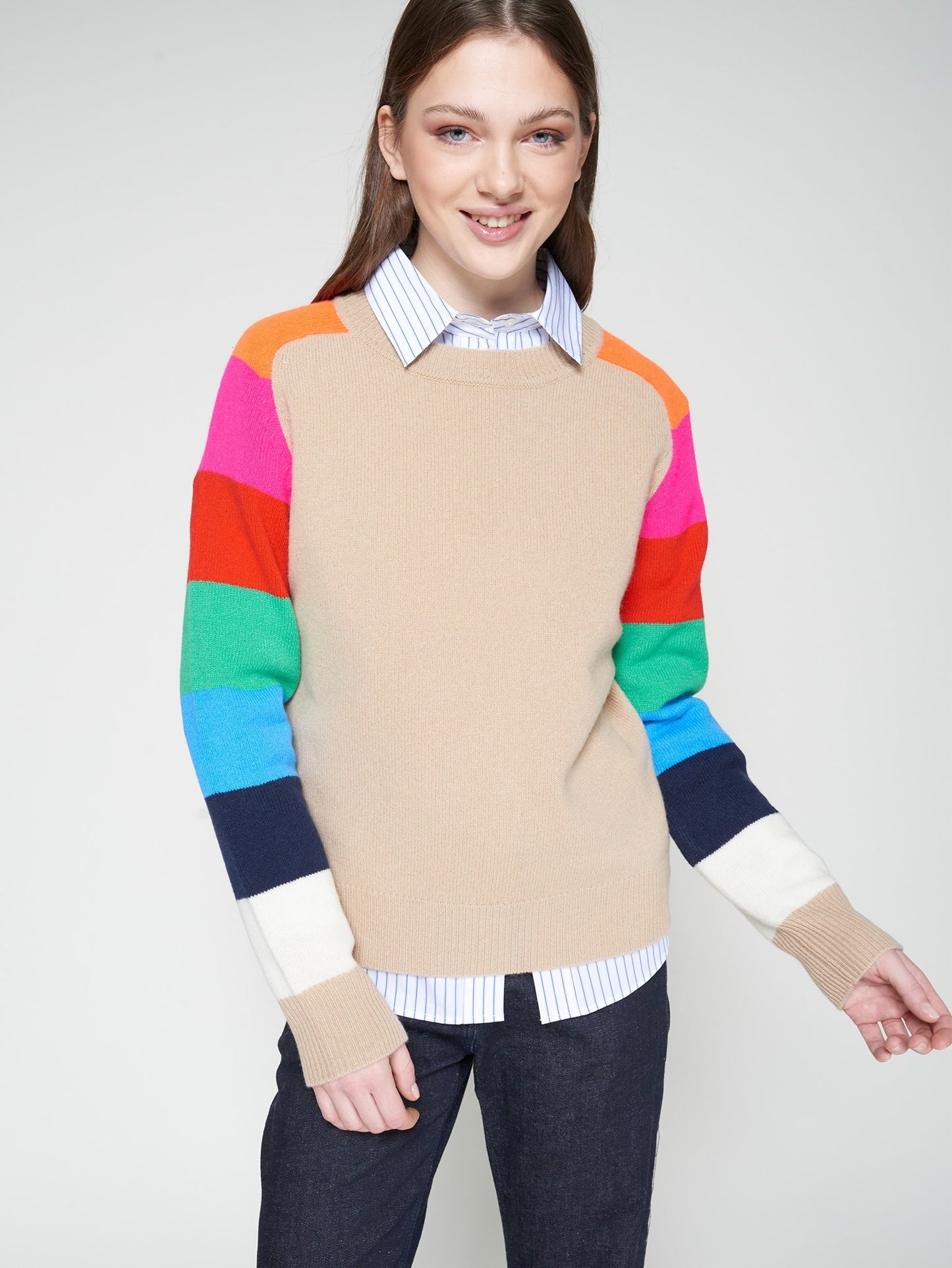 Vilagallo camel wool sweater with multicolour sleeves
