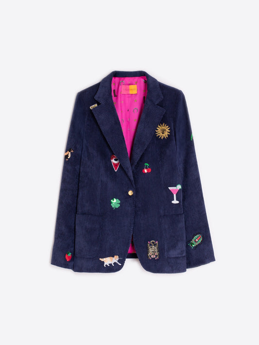 Vilagallo Navy Corduroy Embroidered Blazer