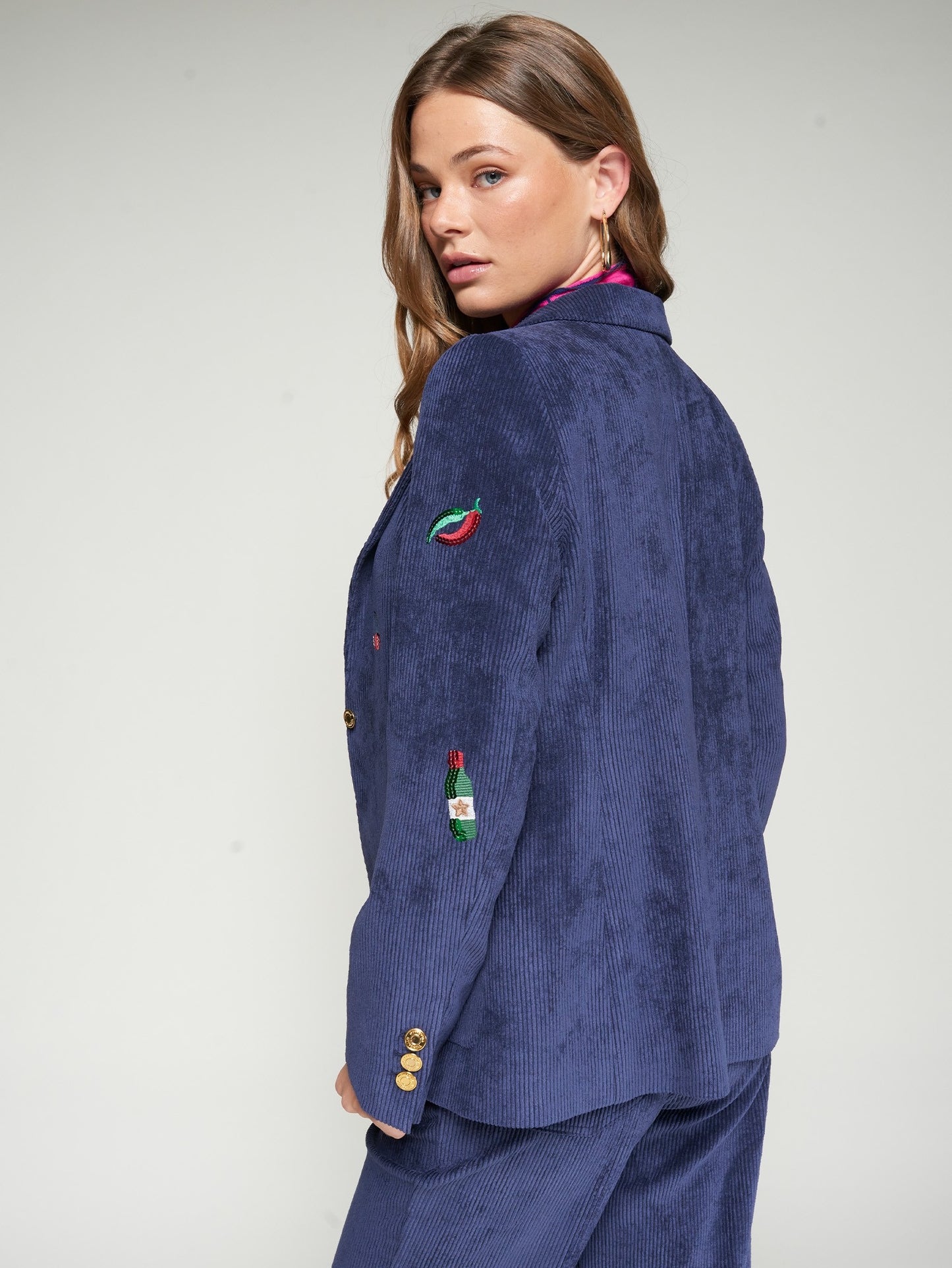 Vilagallo Navy Corduroy Embroidered Blazer