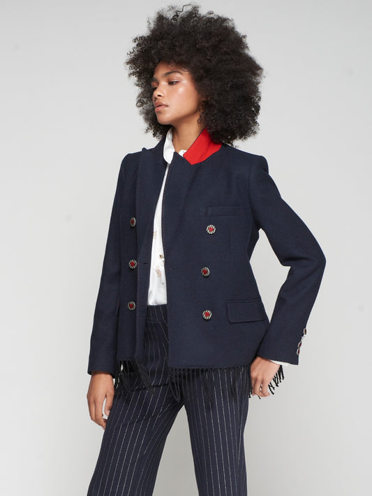Vilagallo Navy wool Blend Fringed Jacket