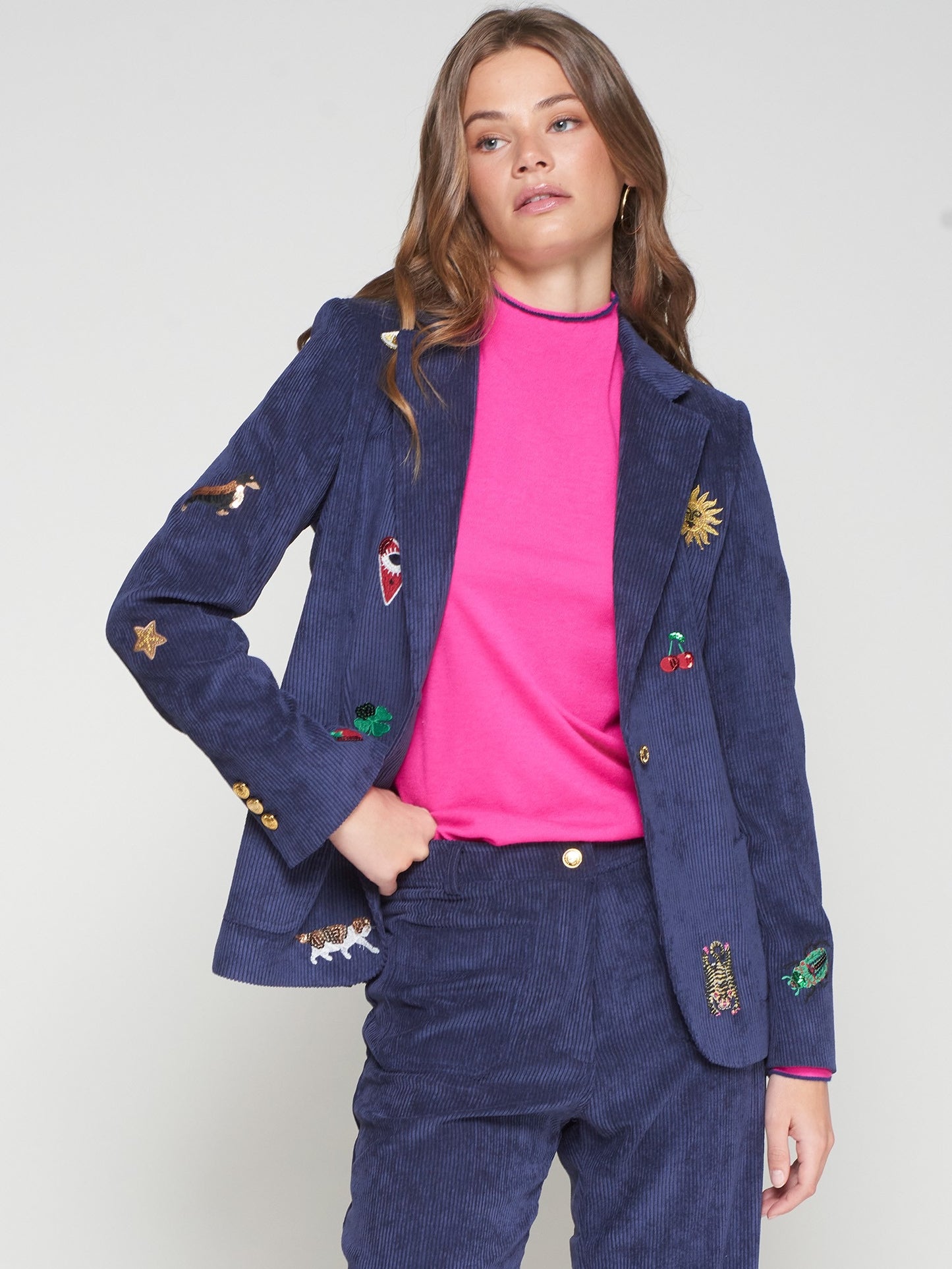 Vilagallo Navy Corduroy Embroidered Blazer