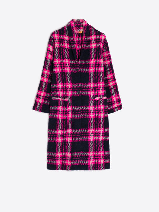 Vilagallo Long checked coat - Fuchsia & Navy Blue
