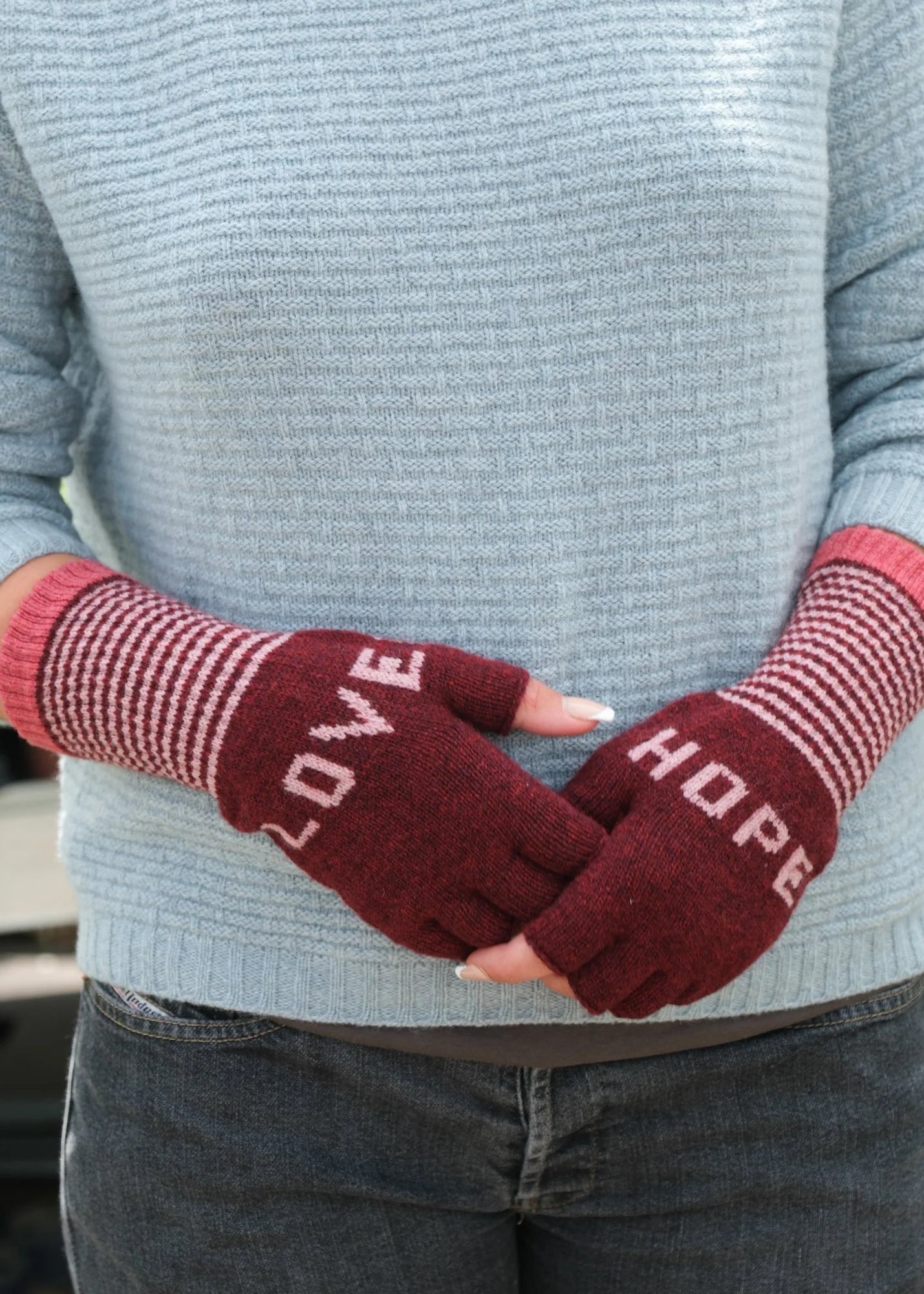 Quinton + Chadwick Love & Hope Fingerless Gloves -Berry & Pink