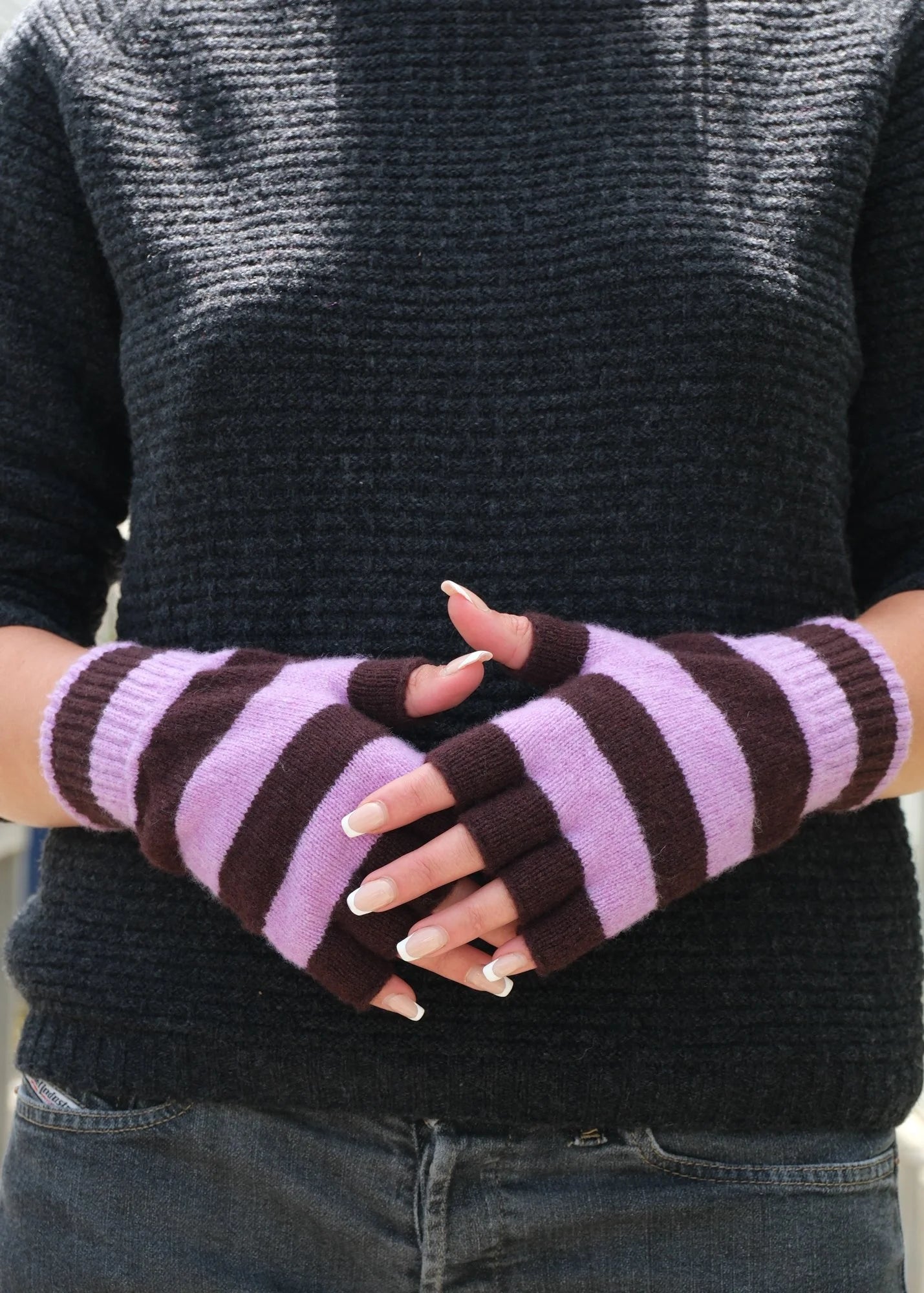 Quinton + Chadwick Stripe Fingerless gloves- Chocolate & Lilac