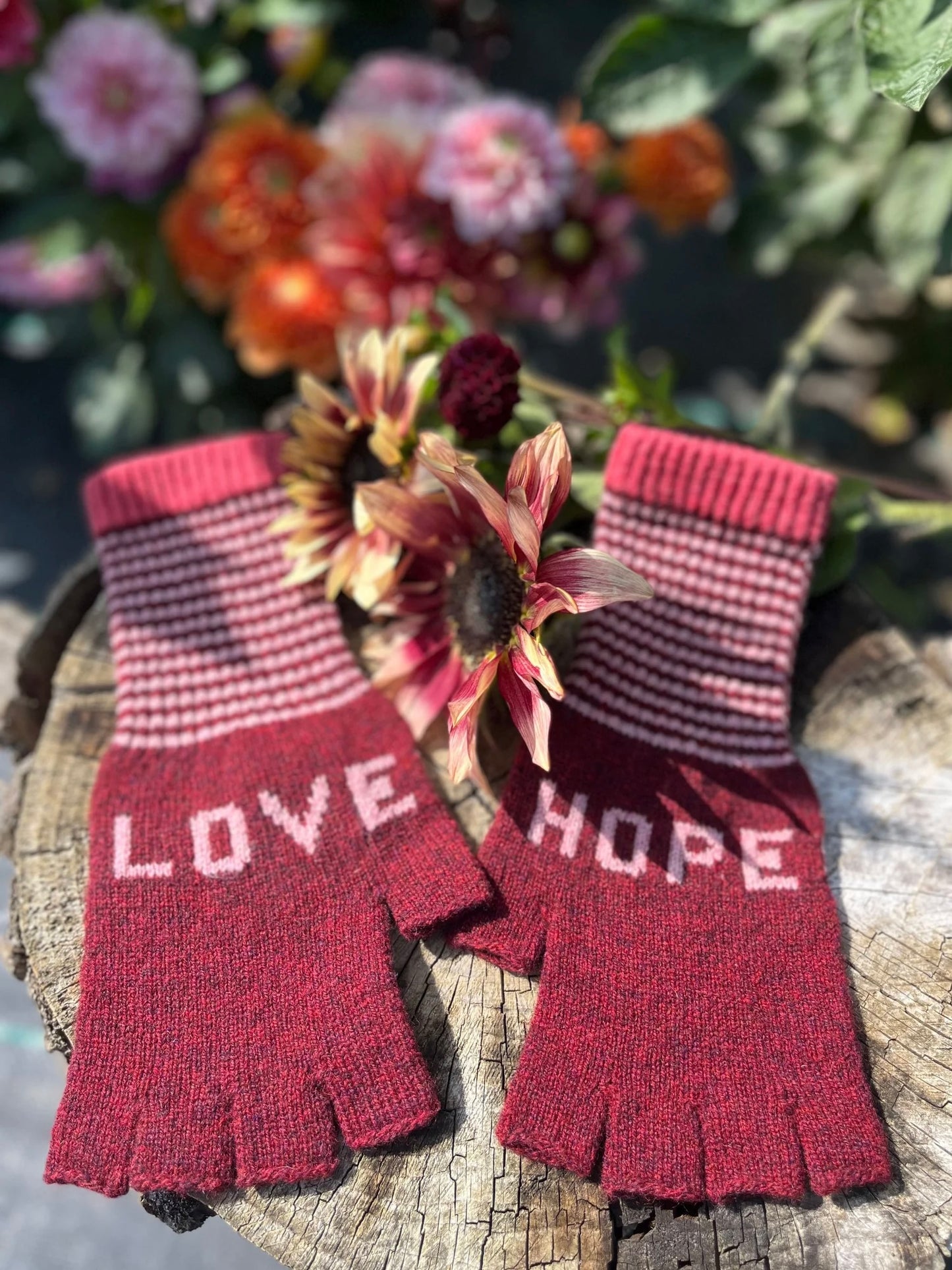 Quinton + Chadwick Love & Hope Fingerless Gloves -Berry & Pink