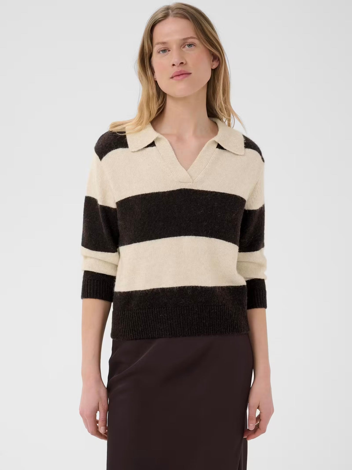 Part Two Charlott Stripe Jumper with Collar- Chocolate & Oatmeal