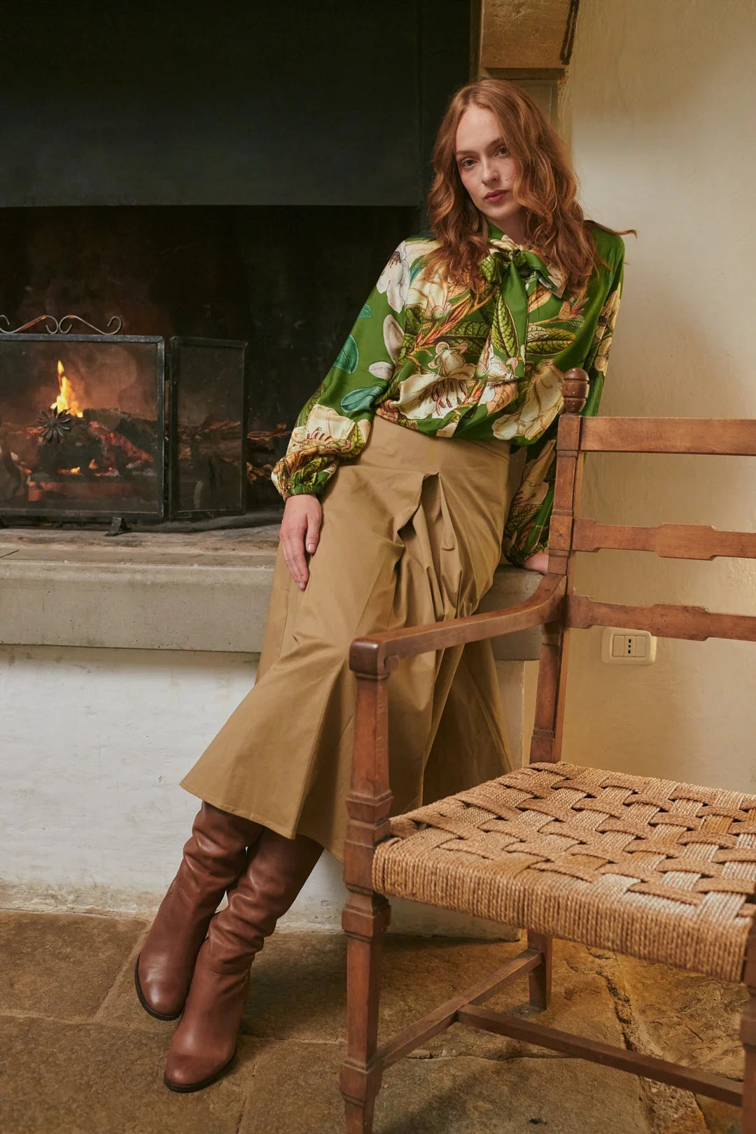 One Hundred Stars Rhodoleia Green Pussybow Blouse