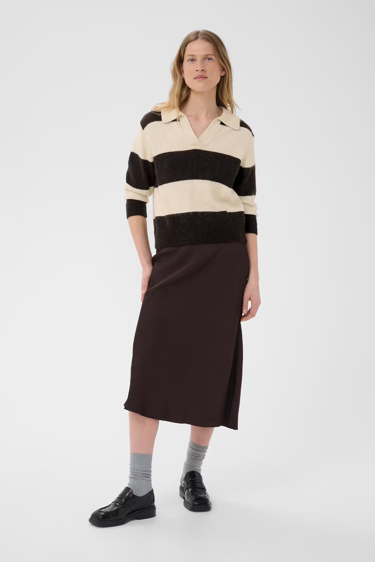 Part Two Charlott Stripe Jumper with Collar- Chocolate & Oatmeal