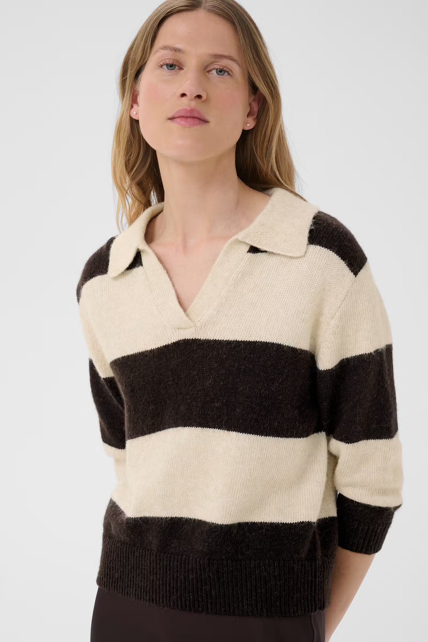 Part Two Charlott Stripe Jumper with Collar- Chocolate & Oatmeal