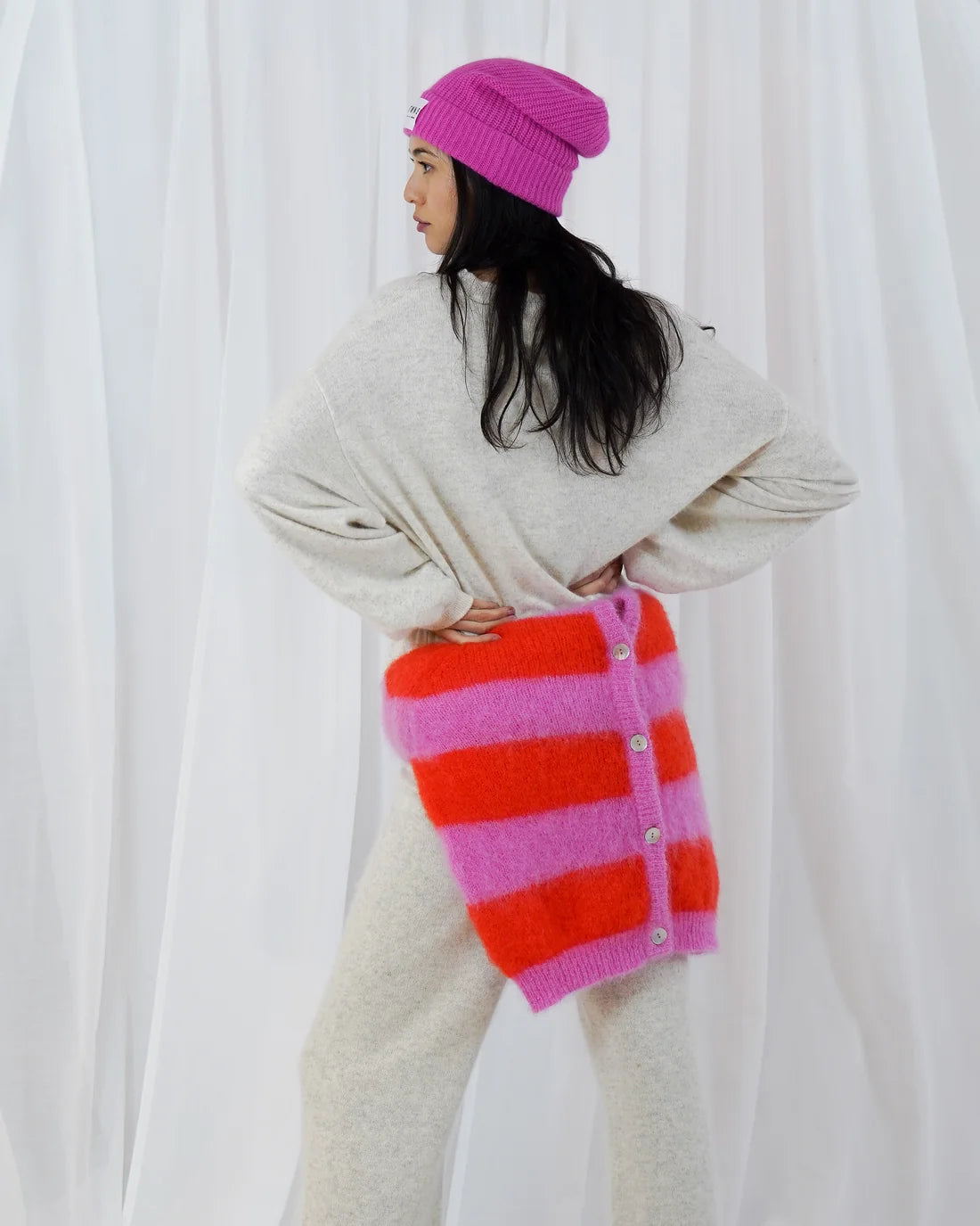 TWNS Timea Striped Cardigan-Bubblegum Fire