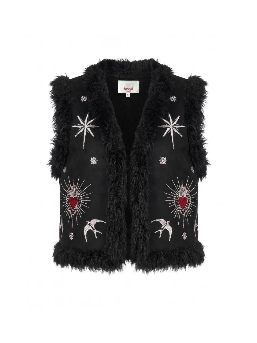 Nooki Sacred Heart Embroidered Faux Fur Gilet-Black
