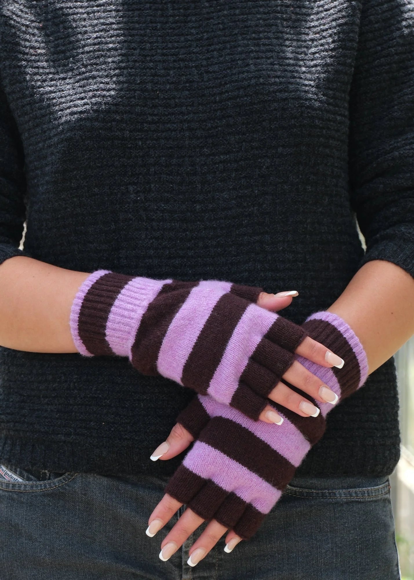 Quinton + Chadwick Stripe Fingerless gloves- Chocolate & Lilac