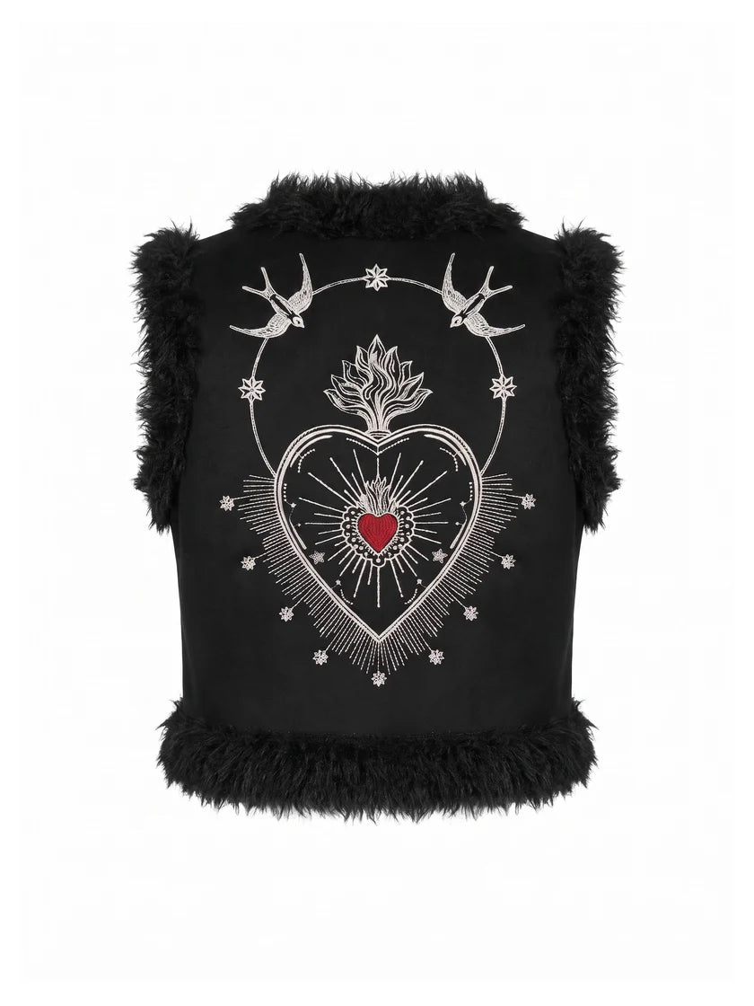 Nooki Sacred Heart Embroidered Faux Fur Gilet-Black