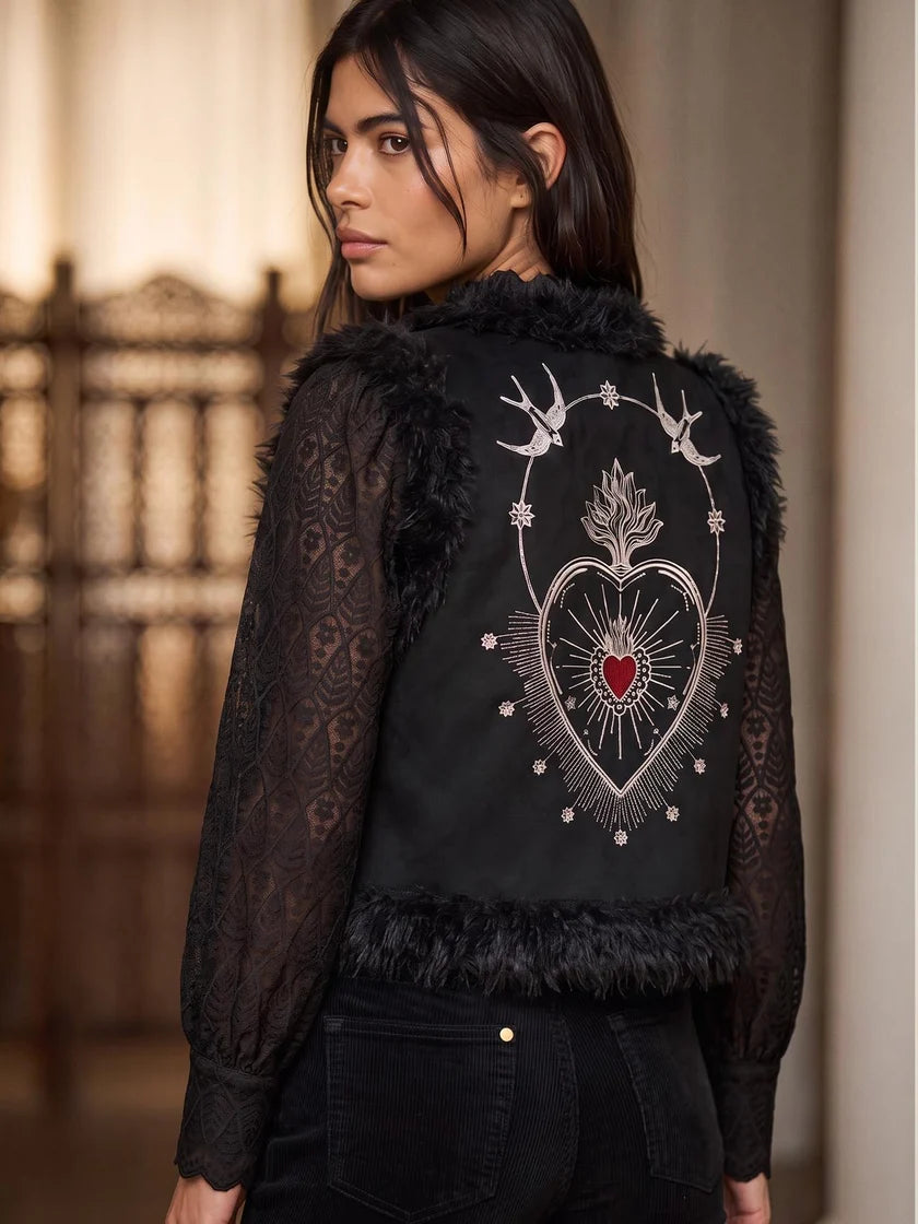 Nooki Sacred Heart Embroidered Faux Fur Gilet-Black