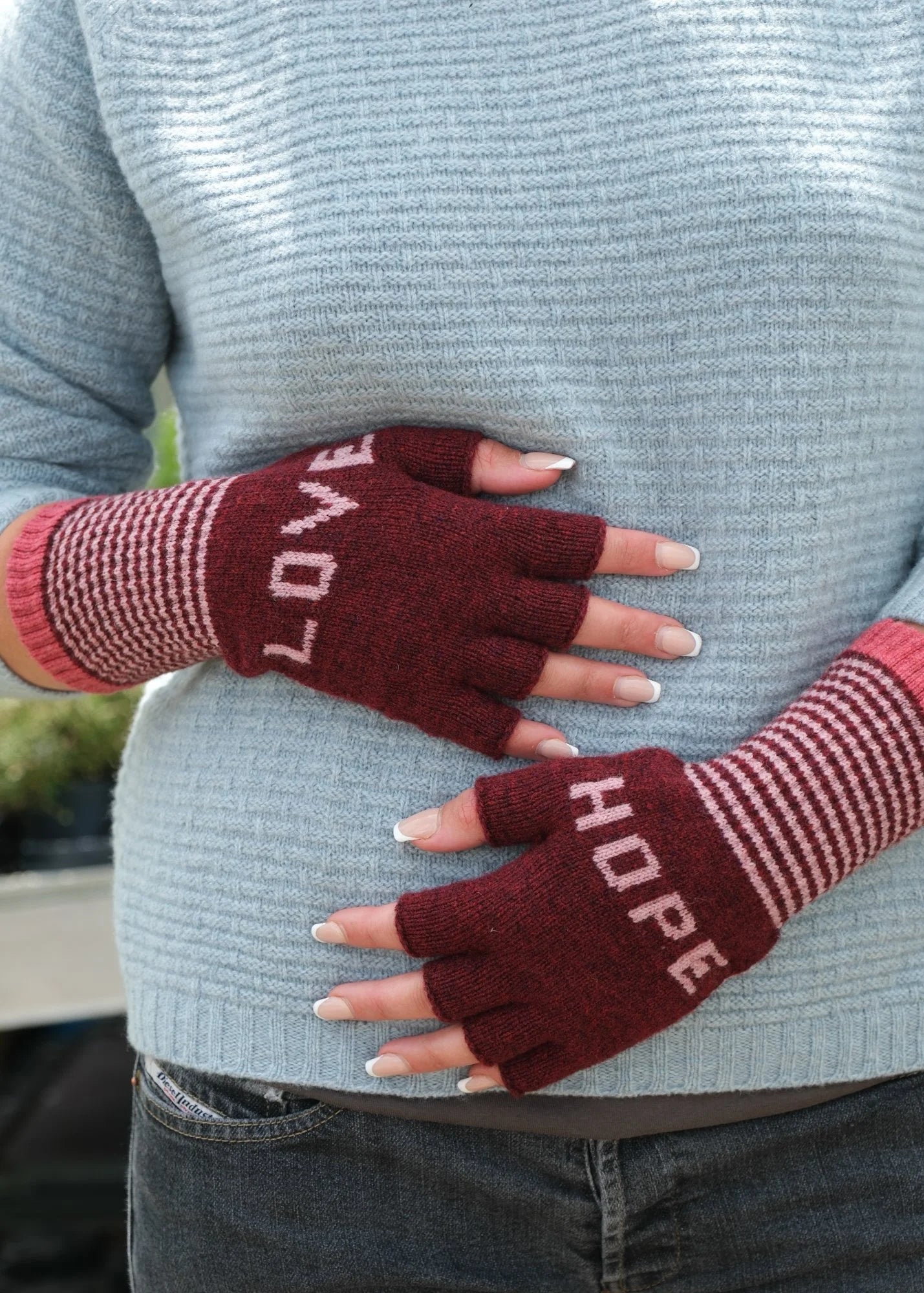 Quinton + Chadwick Love & Hope Fingerless Gloves -Berry & Pink