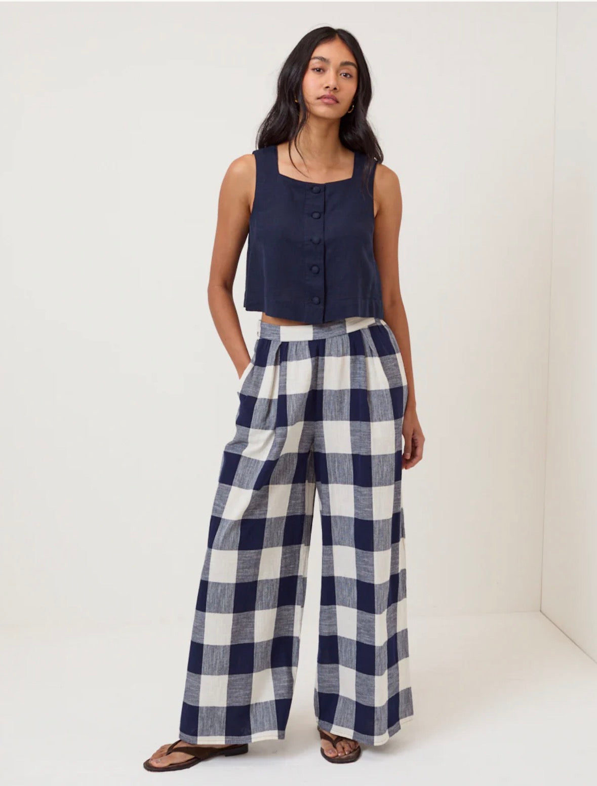 Nobody's Child Sammie Button Front Navy Linen Blend Top