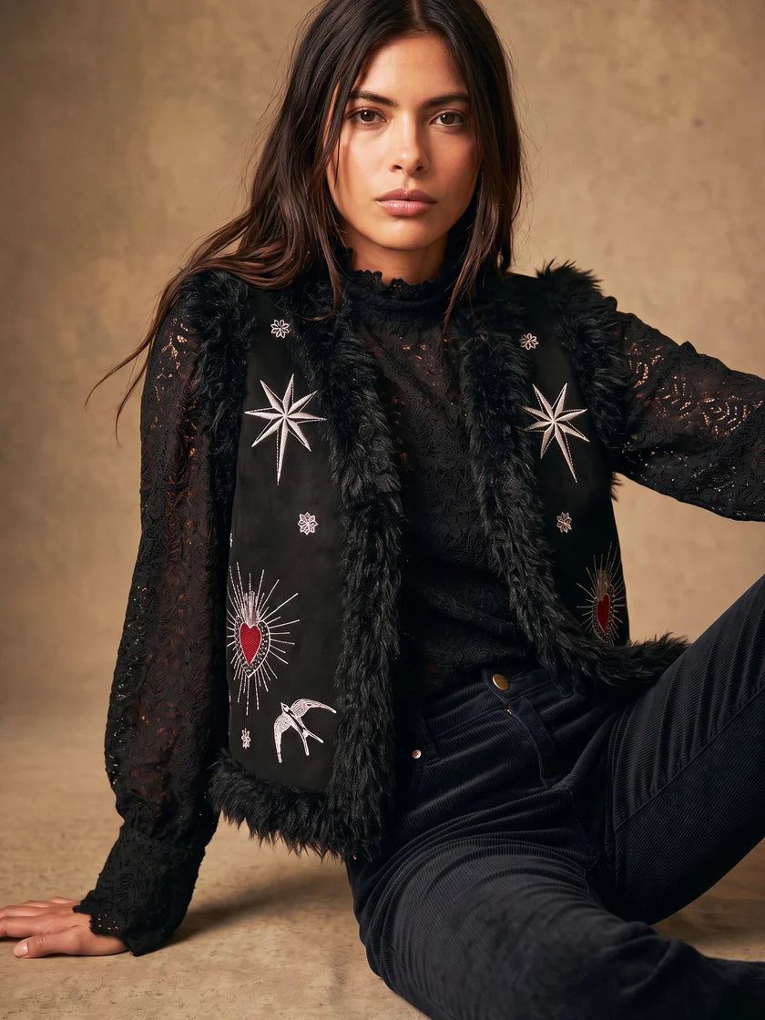 Nooki Sacred Heart Embroidered Faux Fur Gilet-Black