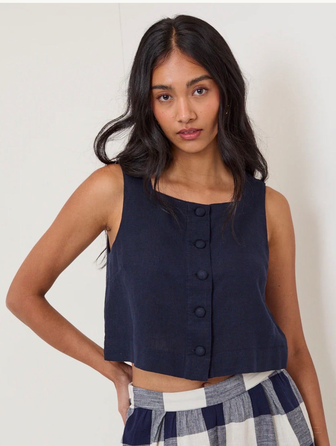Nobody's Child Sammie Button Front Navy Linen Blend Top