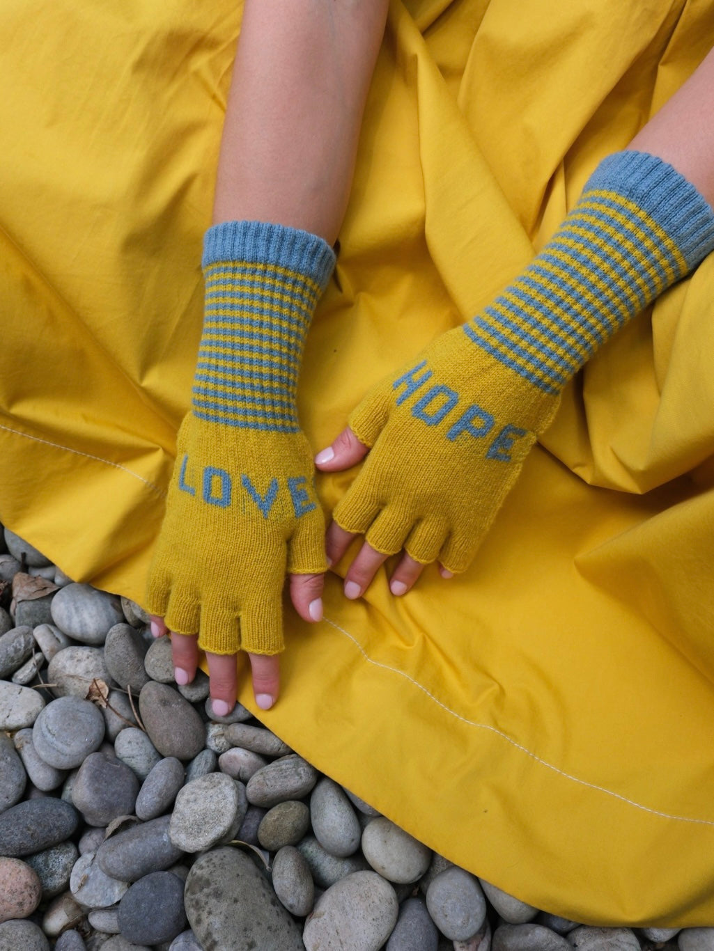 Quinton + Chadwick Fingerless Gloves Love Hope Yellow/Petrol Blue