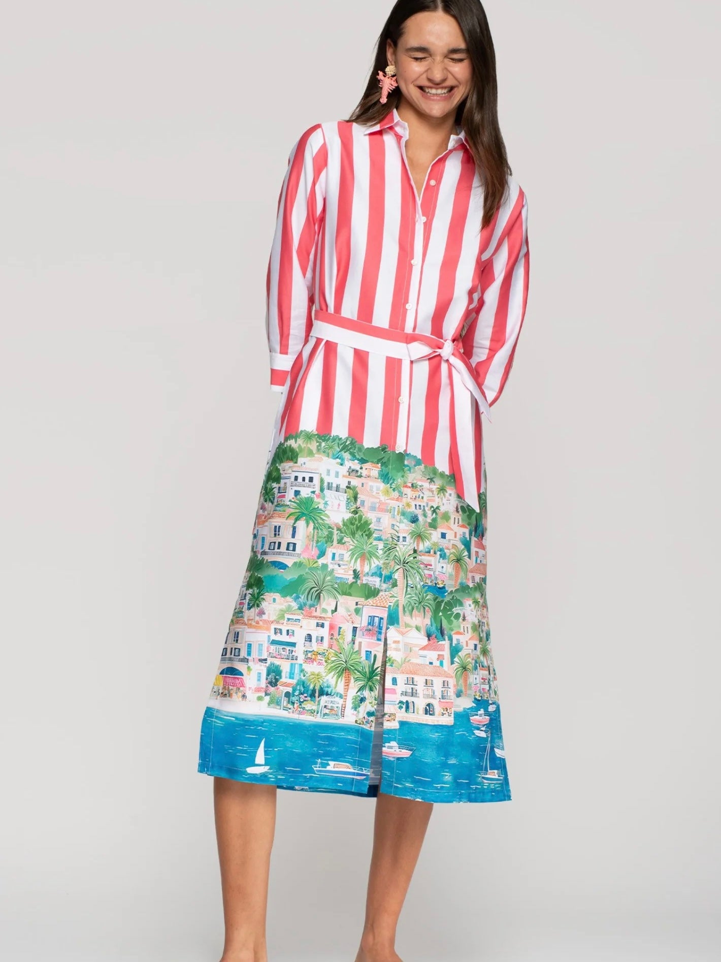 Vilagallo Striped Shirt Dress with Coastal Scene